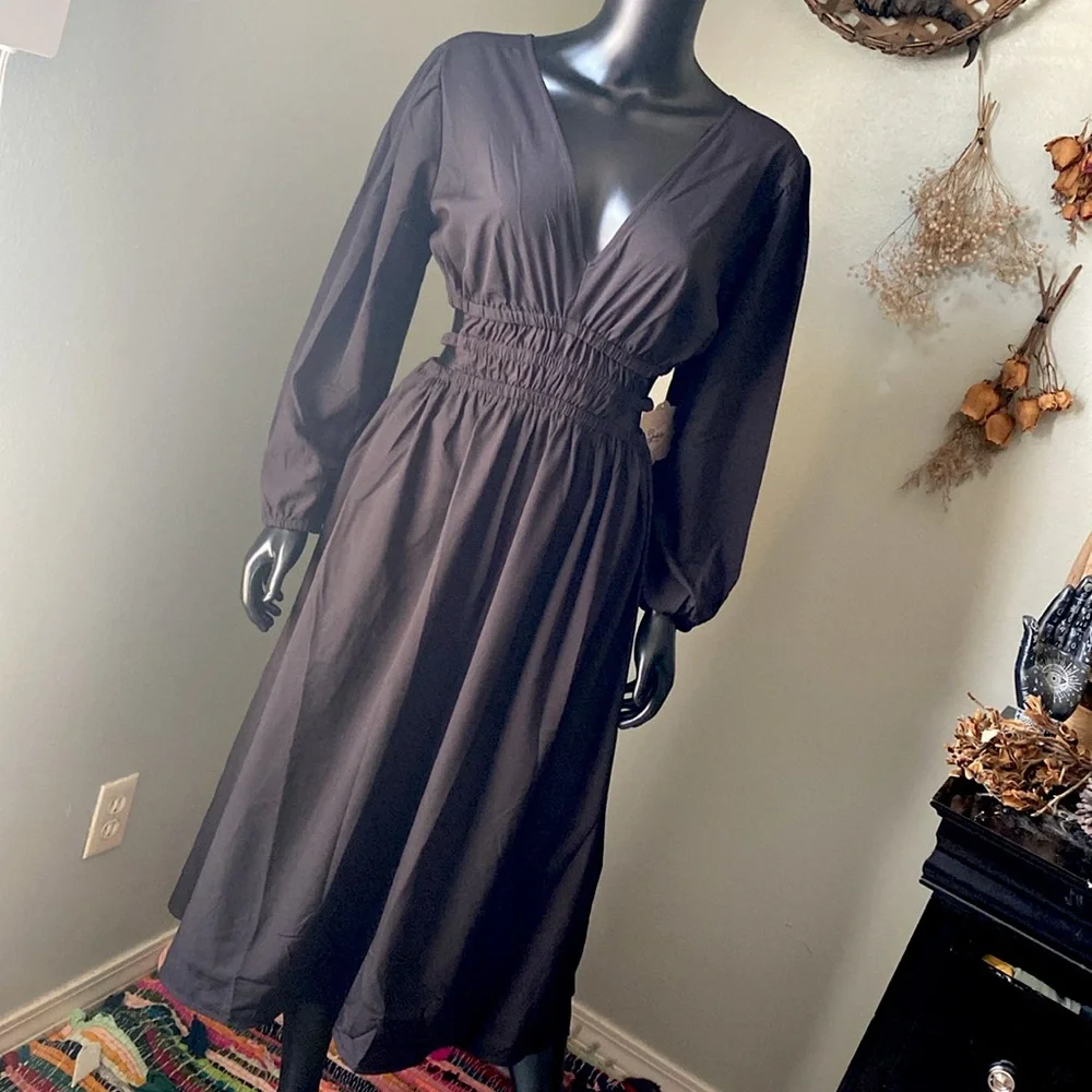 Indulge Black Bishop Sleeve Wrap Dress V-Neck